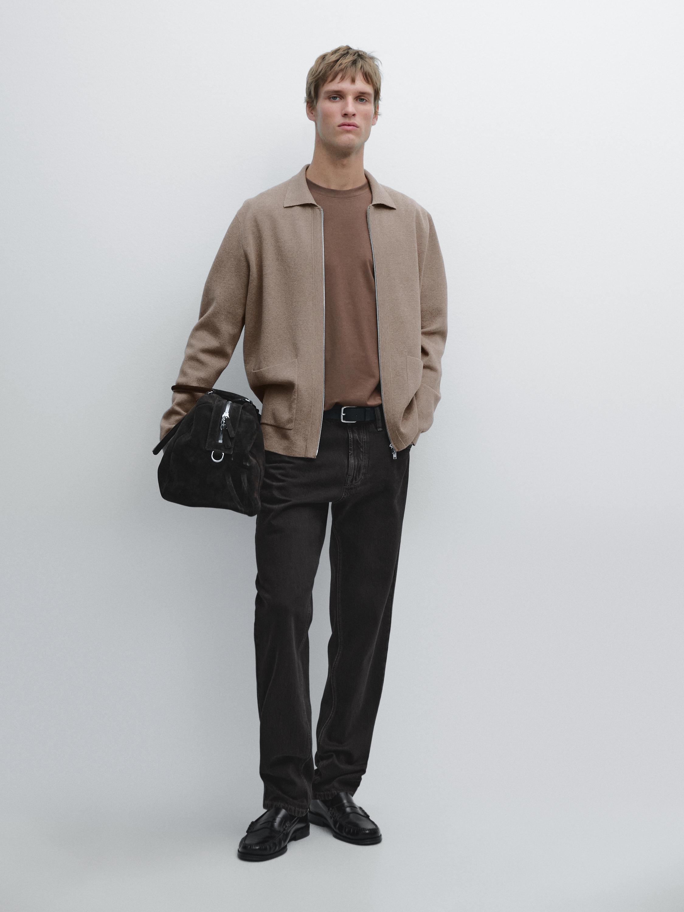 Zip-up knit cotton and wool blend cardigan with pockets